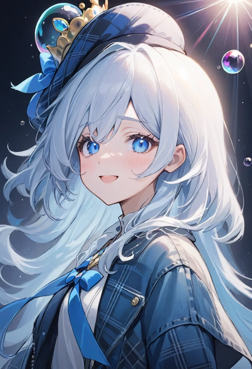 furina,1girl, blue eyes, solo, hat, long hair, looking at viewer, smile, blue hair, bangs, bubble, hair between eyes, white hair, , closed mouth, crown, multicolored hair, air bubble, light rays, ribbon, virtual youtuber, gem(best quality), Instead of furina's default outfit, she's wearing a plaid jacket and jeans.