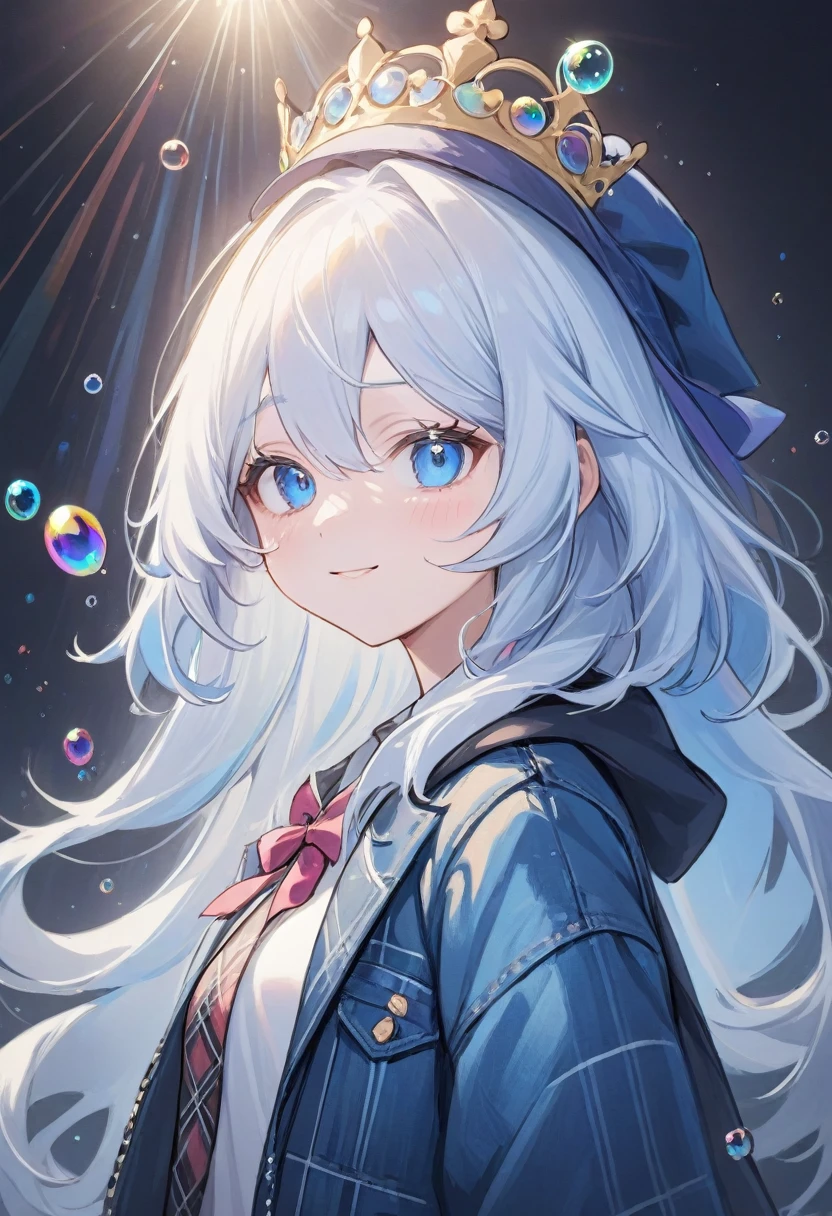 furina,1girl, blue eyes, solo, hat, long hair, looking at viewer, smile, blue hair, bangs, bubble, hair between eyes, white hair, , closed mouth, crown, multicolored hair, air bubble, light rays, ribbon, virtual youtuber, gem(best quality), Instead of furina's default outfit, she's wearing a plaid jacket and jeans.