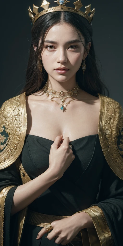 modelshoot style, (extremely detailed CG unity 8k wallpaper), full shot body photo of the most beautiful artwork in the world, medieval queen, green vale, dark skin, black woman, golden crown, diamonds, medieval architecture, professional majestic oil painting by Ed Blinkey, Atey Ghailan, Studio Ghibli, by Jeremy Mann, Greg Manchess, Antonio Moro, trending on ArtStation, trending on CGSociety, Intricate, High Detail, Sharp focus, dramatic, photorealistic painting art by midjourney and greg rutkowski