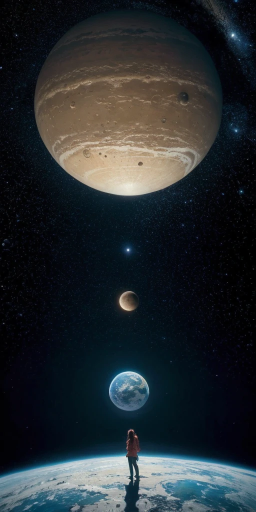 there is a woman standing in front of a painting of a planet, futuristic city in background, psytrance artwork, interconnected human lifeforms, panoramic view of girl, progressive rock album cover, dream of the endless, star dust, galaxy, stoner rock --ar 16:9 --v 5.1