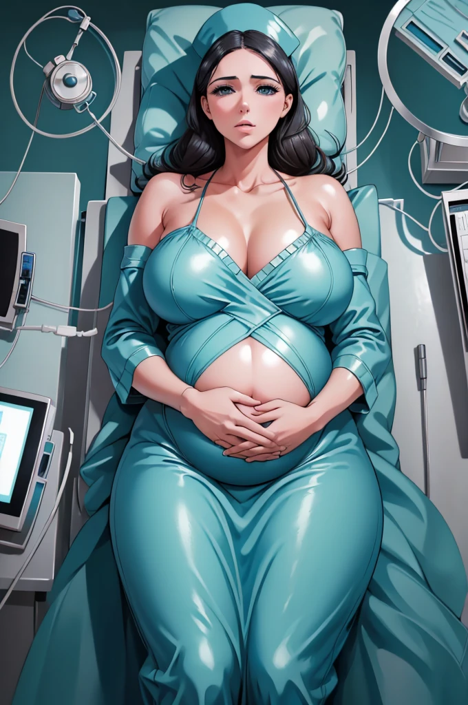 (give a score of 9_give a score of 8_give a score of 7)
Masterpiece, best quality, view from top down,
in one hospital, 1 pregnant woman,approximately 32 years old, 9 months pregnant, surgical cap, the face looked pained, frown, close your eyes, lying on the operating table, lie on your back, Lying with arms spread out, on the operating bed, in the operating room, a blue blanket covered her large breasts, another blue blanket covered her long slender legs, open belly,Her pregnant belly was visible,The picture explains the situation while waiting to give birth,