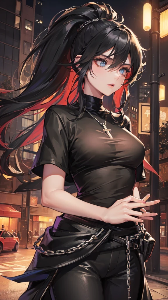 Photograph of the upper body of a beautiful woman,  , big breasts), (small waist, perfect body), Sharp focus, (tall body, mature woman), ((Looking ahead)), (Highly detailed skin, hair follicles:1.4,) (long ponytai hair style, black hair, blue eyes) , (black t-shirt:1.47),(green pants),chain , There are tears. , Cross necklace , wearing a black leather jacket,  cross chain, city scenery , punk , night light  , high quality ,cold expression, one leather gloves , biker style 