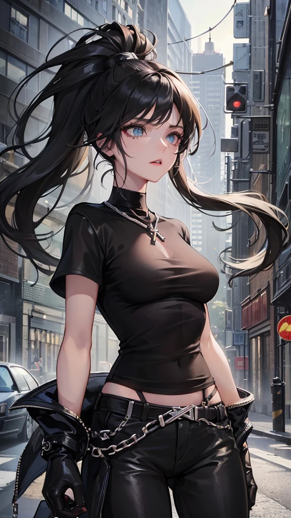 Photograph of the upper body of a beautiful woman,  , big breasts), (small waist, perfect body), Sharp focus, (tall body, mature woman), ((Looking ahead)), (Highly detailed skin, hair follicles:1.4,) (long ponytai hair style, black hair, blue eyes) , (black t-shirt:1.47),(green pants),chain , There are tears. , Cross necklace , wearing a black leather jacket,  cross chain, city scenery , punk , night light  , high quality ,cold expression, one leather gloves , biker style 