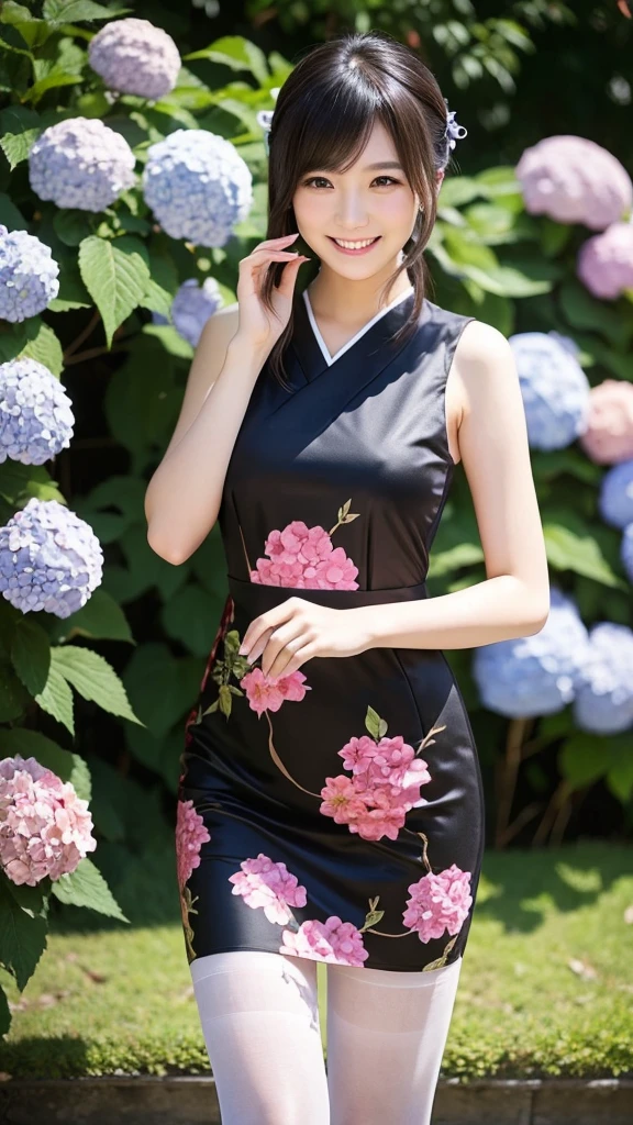 Japanese women 30 years old Hydrangea patterned Chinese dress Black Pantyhose smile