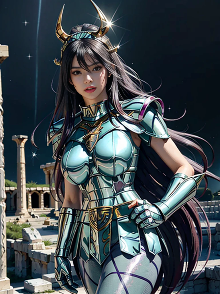 masterpiece, best quality, ultra high res, realistic skin texture, armature, (photorealistic:1.4), high resolution, raw photo, shiny skin, realistic skin texture, best lighting, sparkle, dramatic lighting, dynamic pose, (greek temple background:1.3), night sky, cosmos, milky way, 1girl, (medium breast:1.1), balanced eyes, Dragon Shiryu wearing green silver armor, purple pants, purple short sleeve shirt, wearing dragon helmet, roman skirt plate, (breast plate:1.5), very long hair, shield, cleavage,