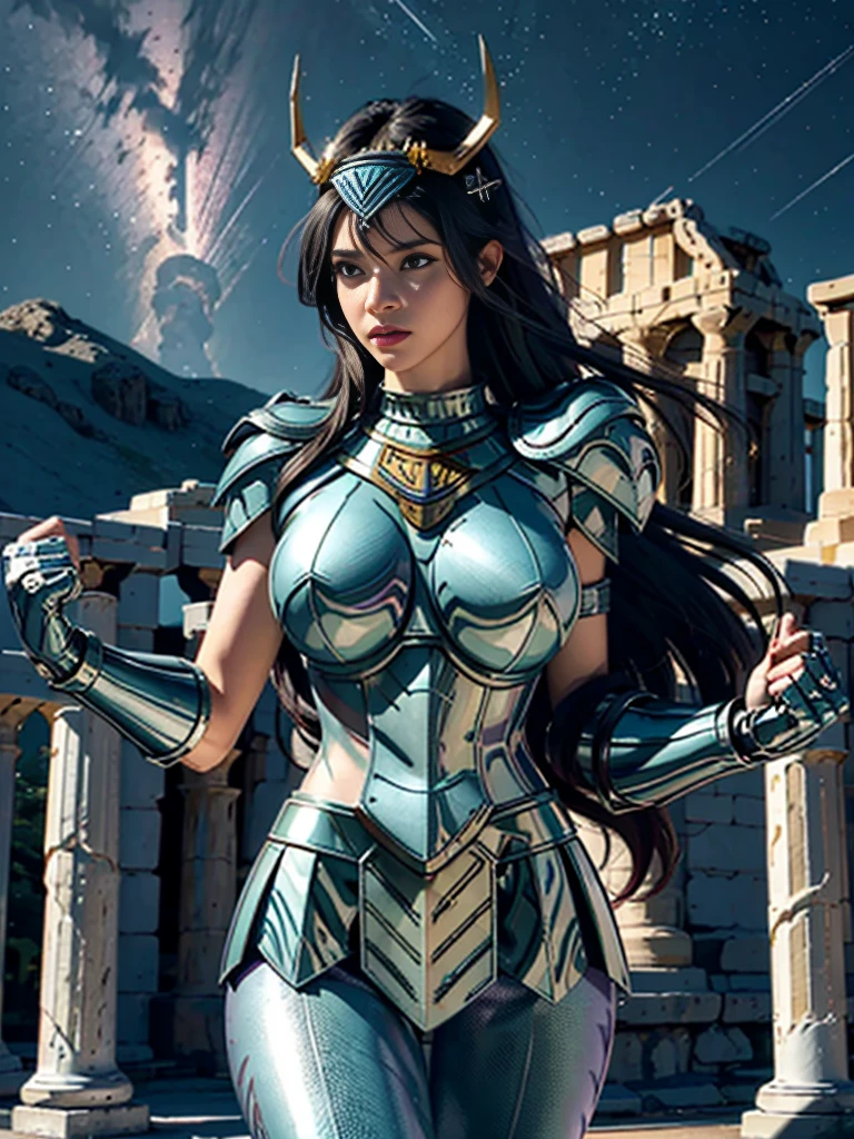 masterpiece, best quality, ultra high res, realistic skin texture, armature, (photorealistic:1.4), high resolution, raw photo, shiny skin, realistic skin texture, best lighting, sparkle, dramatic lighting, dynamic pose, (greek temple background:1.3), night sky, cosmos, milky way, 1girl, (medium breast:1.1), balanced eyes, Dragon Shiryu wearing green silver armor, purple pants, purple short sleeve shirt, wearing dragon helmet, roman skirt plate, (breast plate:1.5), very long hair, shield, cleavage,