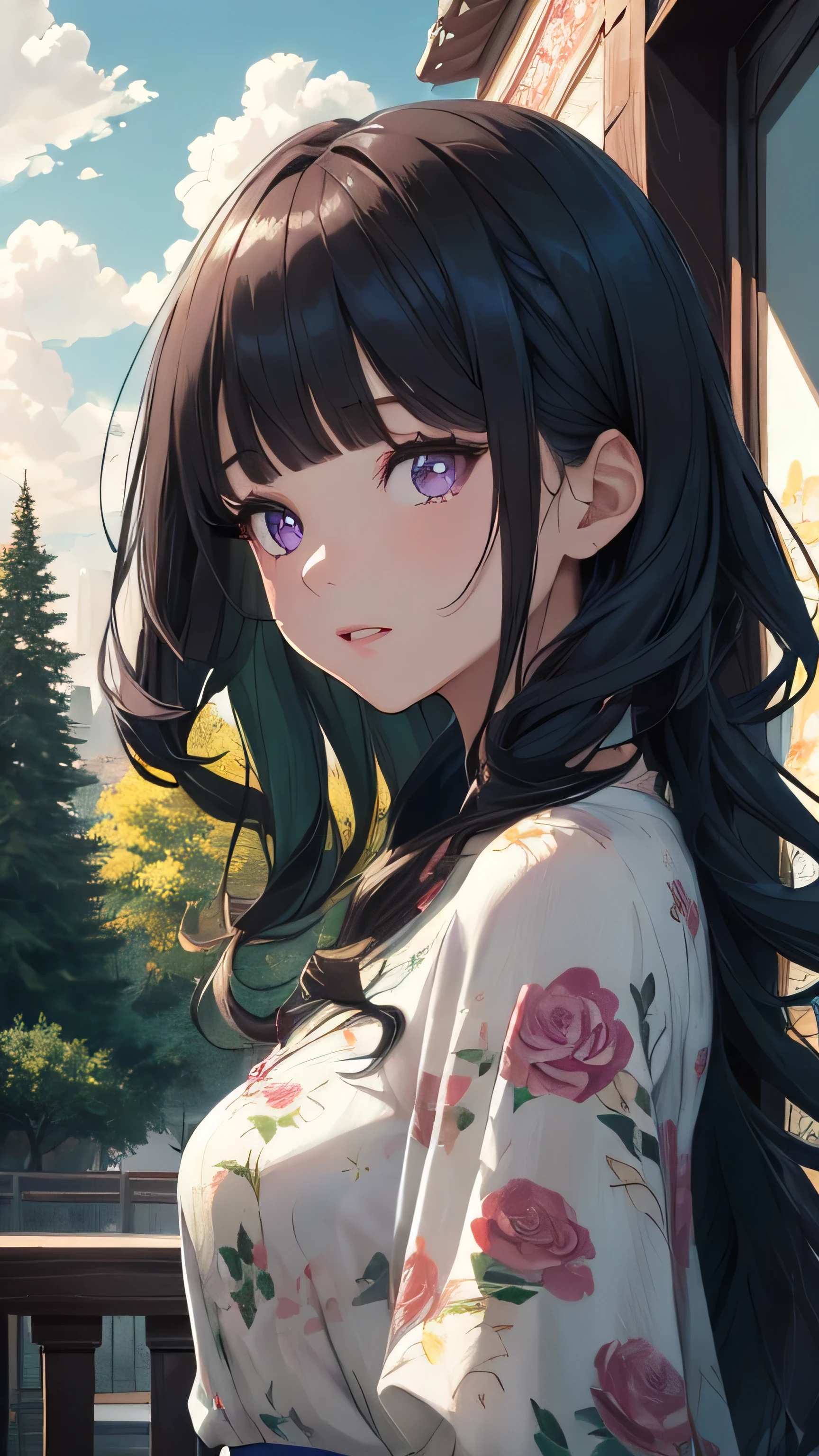 (Close-up of the painting style,ultra hd 8k,Masterpiece grade CG wallpaper),Cinematic lighting,cute girly,Delicate and beautiful face,Dreamy pupils,Wearing a small floral blouse,bound waist,Green shawl,Bust poem,Sit,Cloudy background,long curly dark blue hair, Blunt Bangs,purple eyes,the trees,florals,summer,Chinese style buildings。