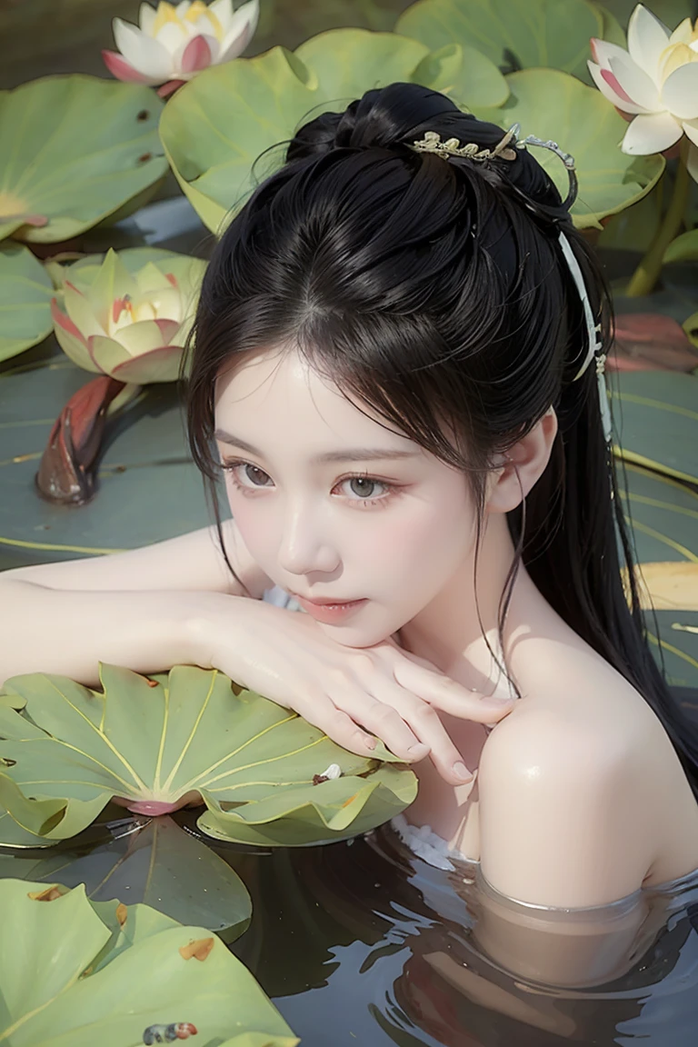 Realistic 16K resolution photography of teen chinese girl, Exquisitely perfect symmetric very gorgeous face, Exquisite delicate crystal clear skin, Detailed beautiful delicate eyes, perfect slim body shape, slender and beautiful fingers, nice hands, perfect hands, illuminated by film grain, realistic skin, dramatic lighting, soft lighting, exaggerated perspective of ((Wide-angle lens depth)), a vibrant koi fish pond with colorful koi swimming gracefully. Use traditional Japanese oil paint techniques, highlighting the fluid motion of the fish and the ripples in the water, with lotus flowers and lily pads adding to the scene. ,tattoo,in the style of arrebola,tattoos,artistic oil painting stick,oil paint ,rough,Circle,Oil painting of Mona Lisa