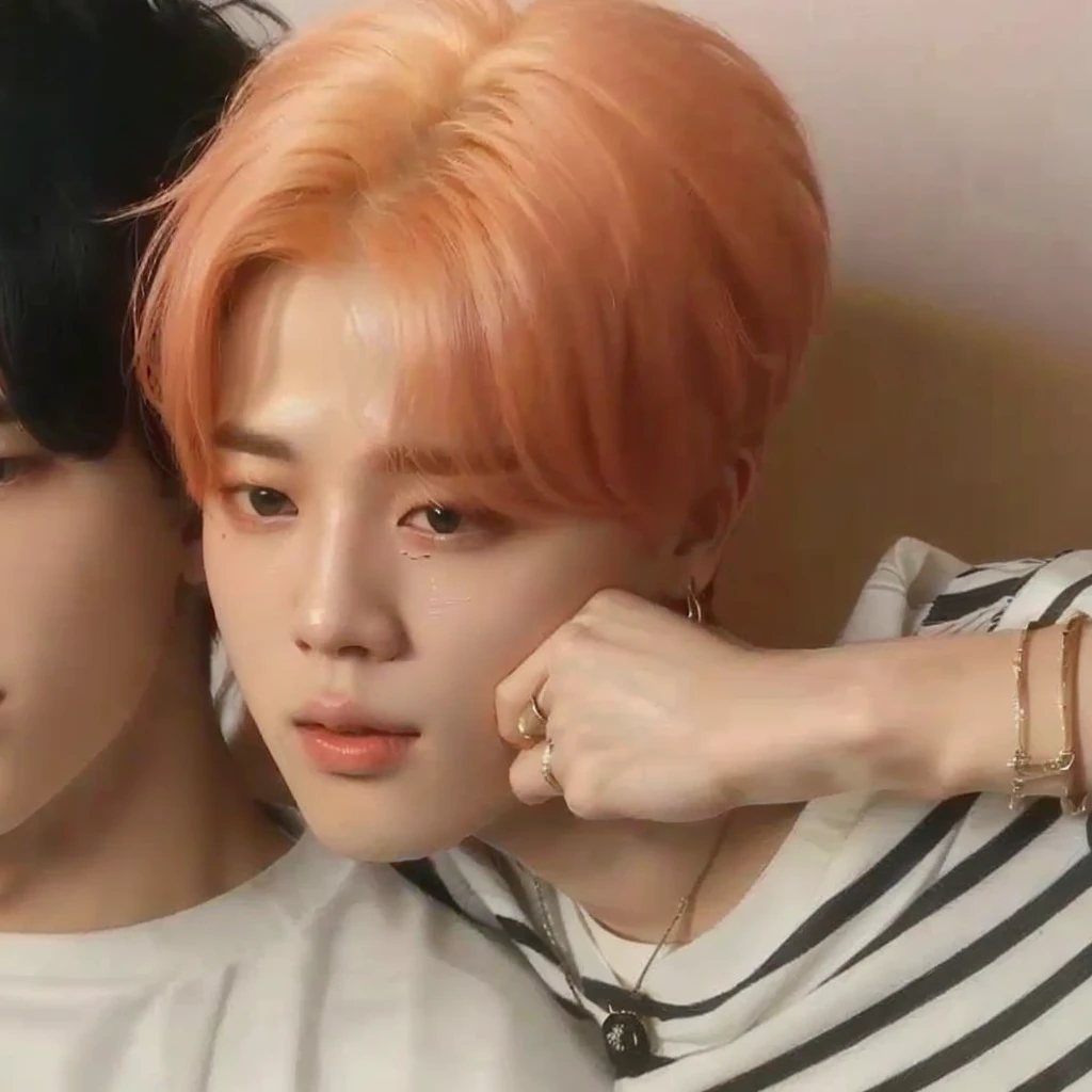two young men with orange hair and black and white shirts, accurate Jimin face, Jimin\the full lips, Jimin\, Jimin\the Greek nose, Jimin, park Jimin, cai xukun, jung jaehyun, all from the group nct, very low quality image, jinyoung shin aesthetic, Tae June Kim, from 8k fosco, fluffly, squeezing cheek, chubby mouth, fleshy lips, garoto fluffly, cute, bts jimin, idol kpop