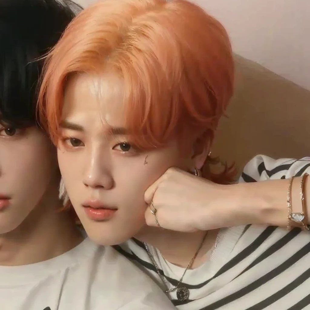 two young men with orange hair and black and white shirts, accurate Jimin face, Jimin\the full lips, Jimin\, Jimin\the Greek nose, Jimin, park Jimin, cai xukun, jung jaehyun, all from the group nct, very low quality image, jinyoung shin aesthetic, Tae June Kim, from 8k fosco, fluffly, squeezing cheek, chubby mouth, fleshy lips, garoto fluffly, cute, bts jimin, idol kpop
