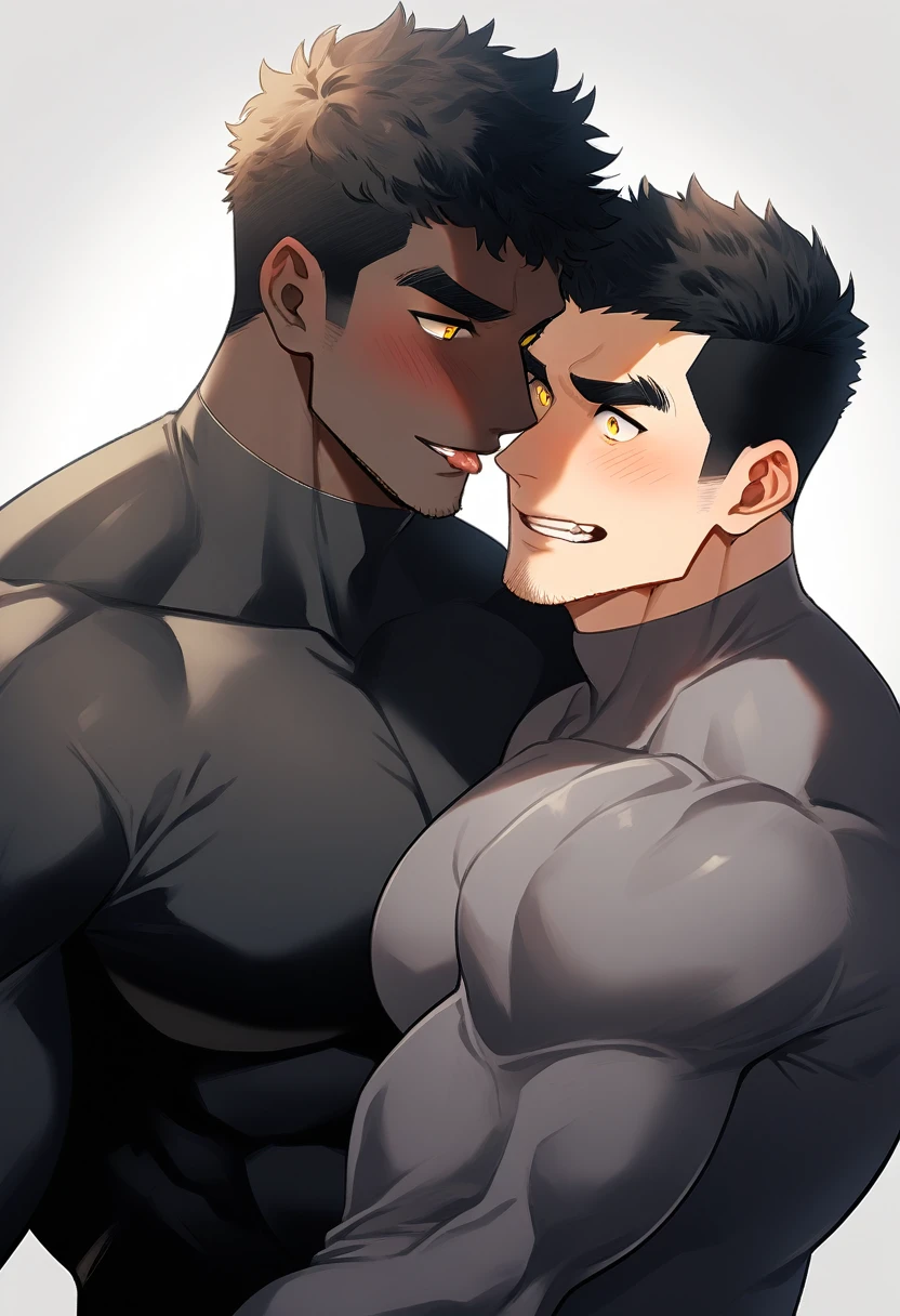 anime characters：Two superheroes in tights, Muscle superhero,Black Short Hair, negro black skin, They hugged and kissed each other, Bite your neck, Caress, Manliness, male focus, Yellow and black high collar long sleeve tight T-shirt, Slightly transparent material, Very tight, Round, full and perky chest muscles, Male dog waist, Slightly transparent, muscular male, muscular, only, Upper body, alone, Black Short Hair, Thick eyebrows, stubble, Yellow eyes, Grey background, simple background, amazing quality, best aesthetics, Ridiculous, bright pupils, crew cut, parted lips, torogao, naughty face, blush, saliva trail, drop shadow, best quality