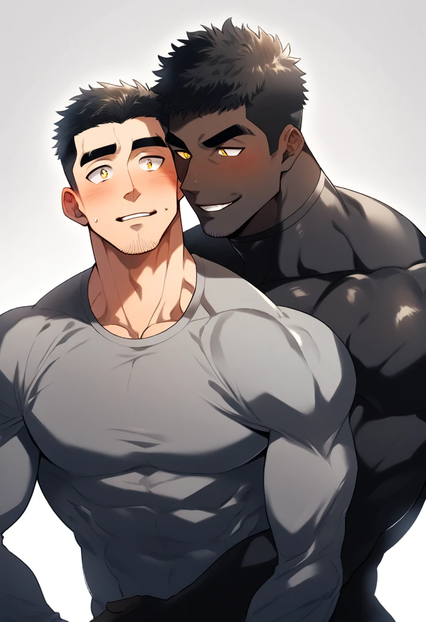 anime characters：Two superheroes in tights, Muscle superhero,Black Short Hair, negro black skin, They hugged and kissed each other, Bite your neck, Caress, Manliness, male focus, Yellow and black high collar long sleeve tight T-shirt, Slightly transparent material, Very tight, Round, full and perky chest muscles, Male dog waist, Slightly transparent, muscular male, muscular, only, Upper body, alone, Black Short Hair, Thick eyebrows, stubble, Yellow eyes, Grey background, simple background, amazing quality, best aesthetics, Ridiculous, bright pupils, crew cut, parted lips, torogao, naughty face, blush, saliva trail, drop shadow, best quality