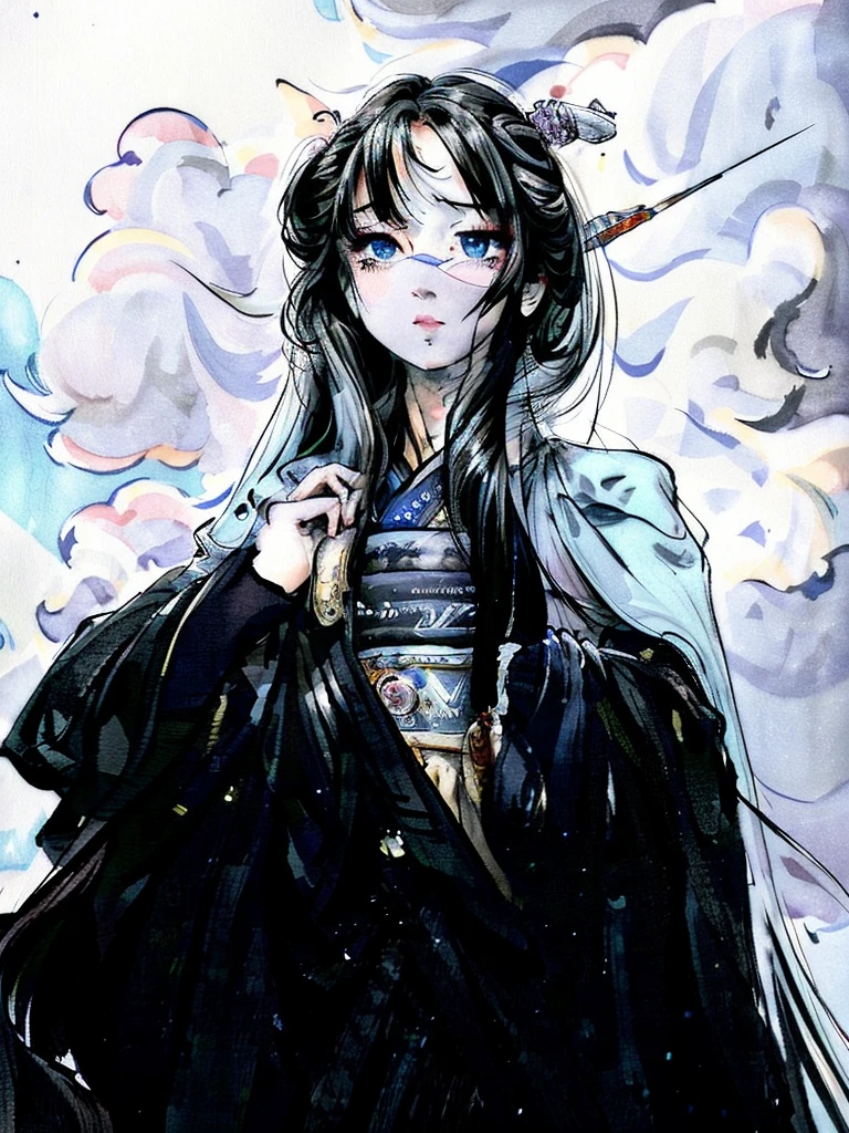 a beautiful poet warrior, 1girl, long flowing hair, elegant robes, serene expression, detailed face, detailed eyes, detailed lips, ornate sword at her side, dramatic lighting, dramatic clouds, dramatic landscape, fantasy, digital painting, hyper detailed, cinematic lighting, vibrant colors, masterpiece
