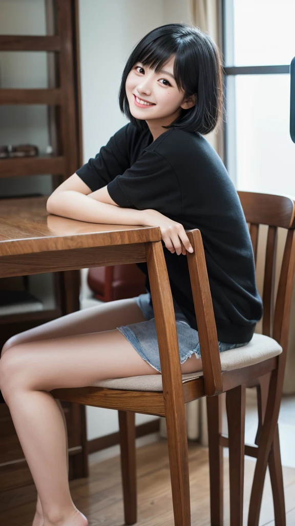 Black Hair、Shortcuts、23 years old、One girl、Fujifilm、X-S10、35mm、Prime Lenses、Studio Lighting、Gray Back、Natural Makeup、smile、looking at the camera、sit on a tall wooden chair
