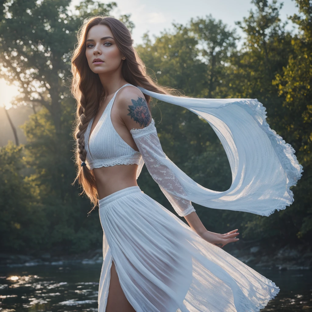 (Goddess Swedish Queen og Winter, very long red braided hair with clear blue eyes wearing large white dress is dancing pirouetting and flying in the sky, tattoos on body, outdoor), high details, photorealistic. Dancing in the rain. Leaping and jumping. [8K, Best Quality, Masterpiece, Ultra High Resolution, (highly detailed CG unity 8k wallpaper), (best photo), (best shadows), isometric 3D, octane rendering, ray tracing, highly detailed, (wide panoramic view: 1.1), (Best quality, 4K, 8k, A high resolution, masterpiece:1.2), absurdity, masterpiece, ultra detailed, (realistic, photorealistic, photorealistic:1.37), complex parts, HDR, (complex parts:1.12), (hyper detailed, hyper realistic, Soft lighting, spicy:1.2), (complex parts, Hyper detailed:1.15). Blurred foreground. (backlit), realistic, masterpiece, high quality, brightness, chromatic aberration, by Jeremy Lipking, 8k uhd, some smoke, shadows, contrast, clear sky, (warm hue, warm tone), high details, natural reflections].