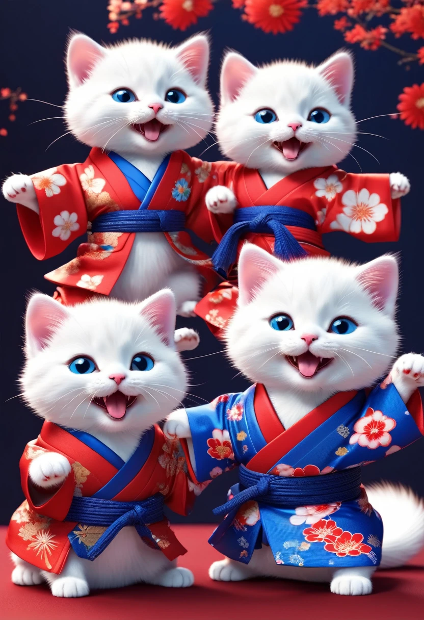 White cat puppy from space、They are laughing and dancing in red and blue Japanese kimonos.,Extremely funny hip hop,punk,,Concept Design, Character Table、8K