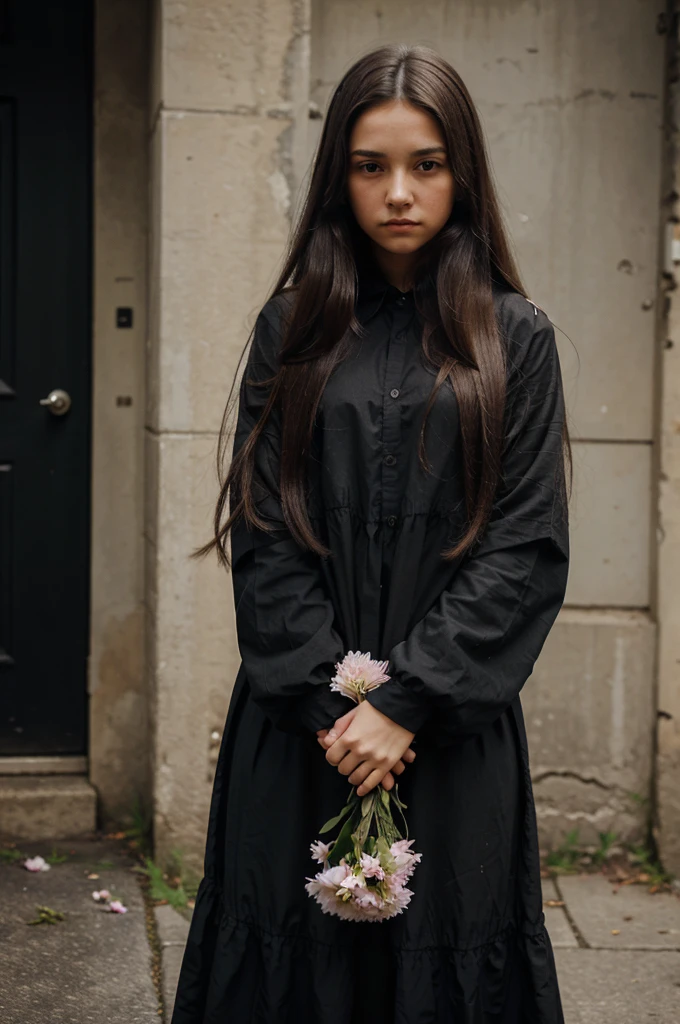 a girl in black clothes and long hair held flowers in her hands with a flat expression
