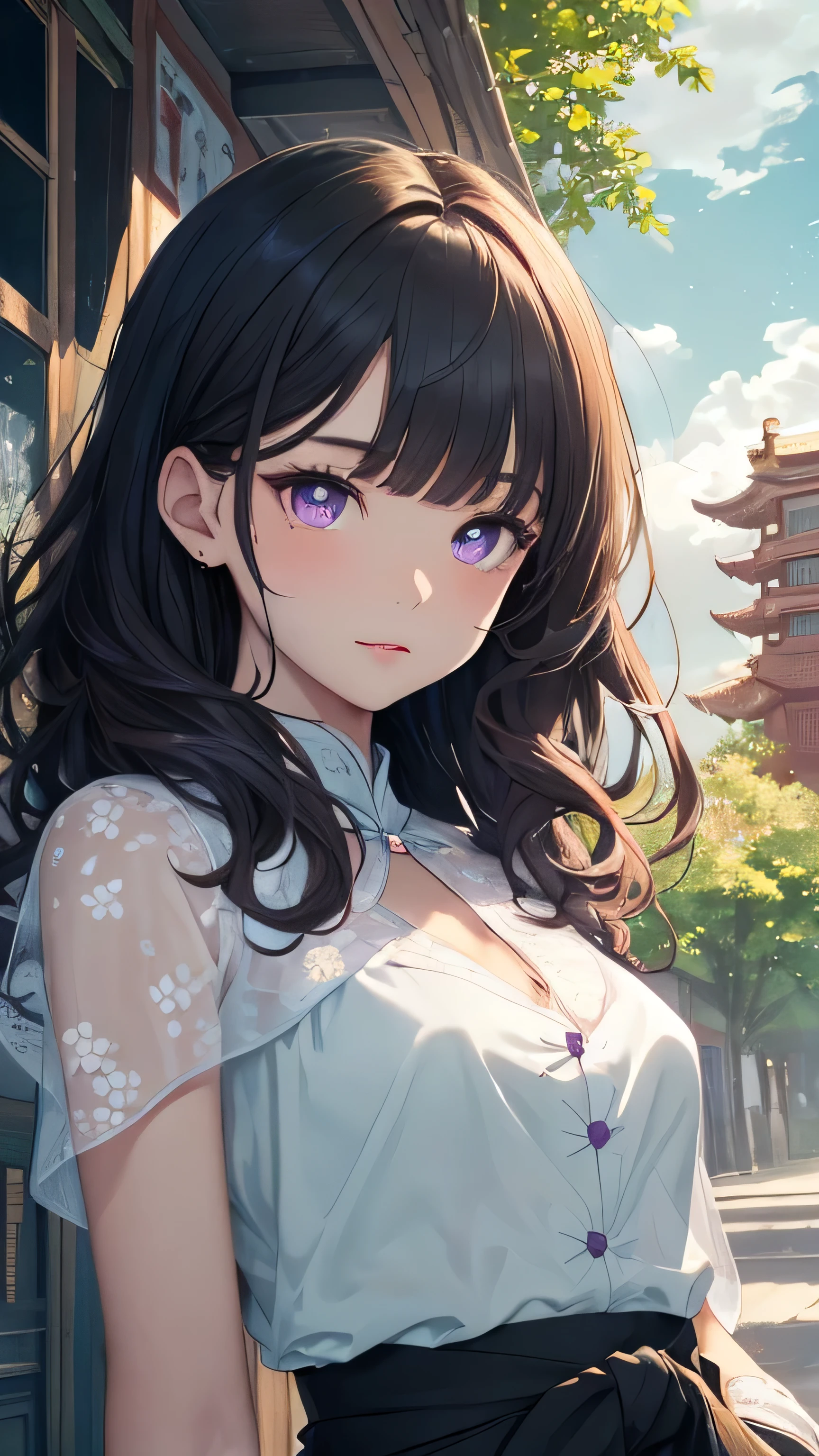 (Close-up of the painting style，ultra hd 8k，Masterpiece grade CG wallpaper)，Cinematic lighting，cute girly，Delicate and beautiful face，Dreamy pupils，Wearing a small floral blouse，bound waist,Green shawl,Bust poem,Sit，Cloudy background,long curly dark blue hair, Blunt Bangs,purple eyes,the trees,florals,summer,Chinese style buildings。