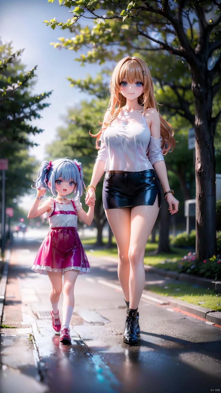 Anime, girl in a short miniskirt, long red and white hair, Twin Tail, in a beautiful pose, 3D wallpaper 