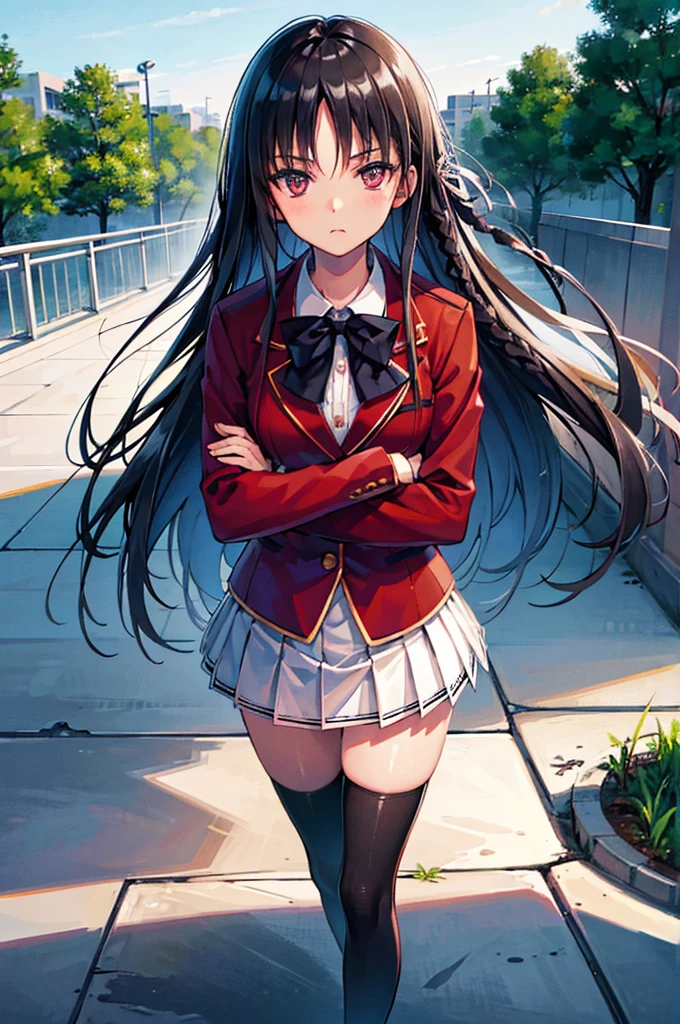 (8k, best quality, masterpiece,ultra detailed, ultra high res:1.2), (anime keyvisual:0.9), 
1girl,
Suzune Horikita, 
Suzune Horikita \(youjitsu\),
long hair, braid, 
black hair, 
red eyes, slant eyes, small eyes, 
blue bow, 
medium breasts, 
, red jacket, long sleeves, white skirt, pleated skirt, black thigh-high socks, 
looking at viewer, 
cowboy shot, background of outdoor, school building, 