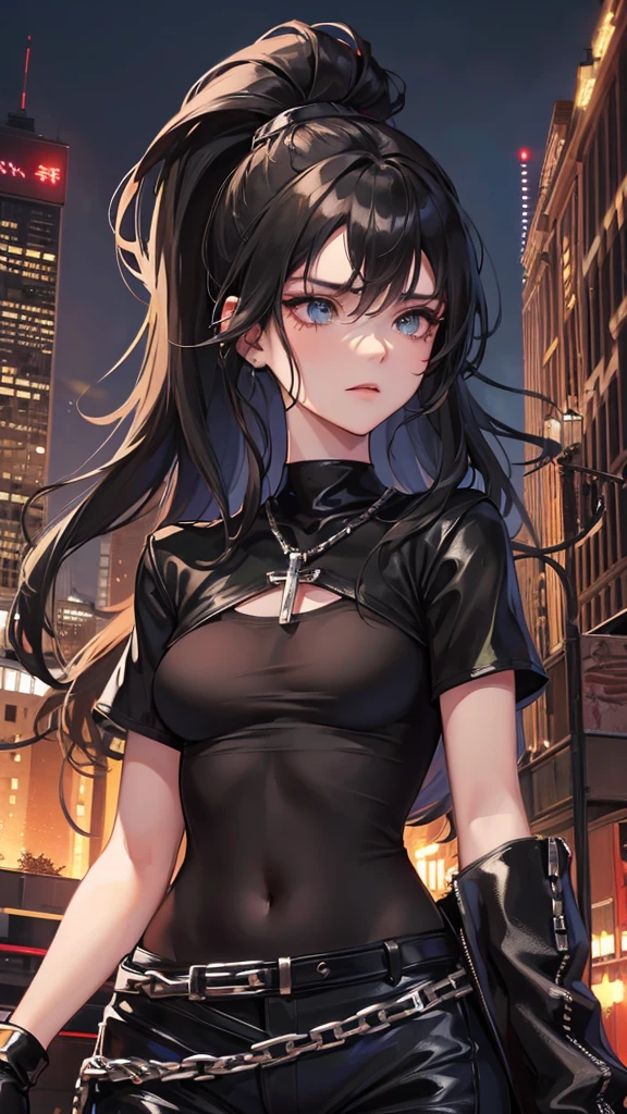 Photograph of the upper body of a beautiful woman, , big breasts), (small waist, perfect body), Sharp focus, (tall body, mature woman), ((Looking ahead)), (Highly detailed skin, hair follicles:1.4,) (long ponytai hair style, black hair, blue eyes) , (black t-shirt:1.47),(green pants),chain , There are tears. , Cross necklace , wearing a black leather jacket, cross chain, city scenery , punk , night light , high quality ,cold expression, one leather gloves , biker style