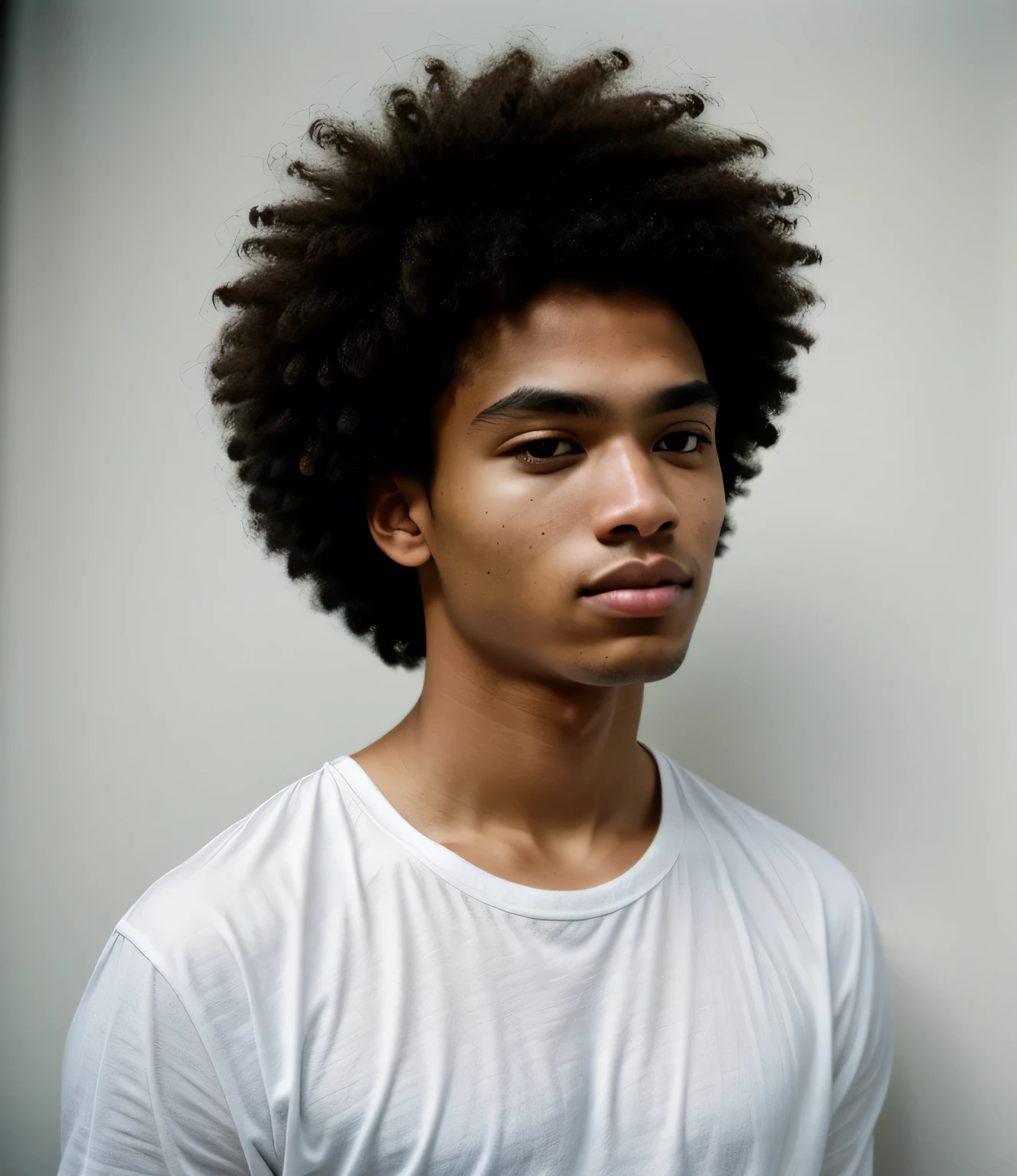 ultra-high-resolution 8K, best quality, (photo realistic:1.4), fashion model, american, man, 20years old, medium brown skin, square face, black and small eyes, stern eyes, thick and straight eyebrows, snub nose, plump lips, fair skin with detailed and realistic skin texture, afro-textured hair, medium hair, single eyelid, closed mouth, wearing white no-sleeve top, exuding the vibe of a fashion model with a neutral, serious expression, from back, upper body, detailed hair, hollow cheeks, epiC35mm