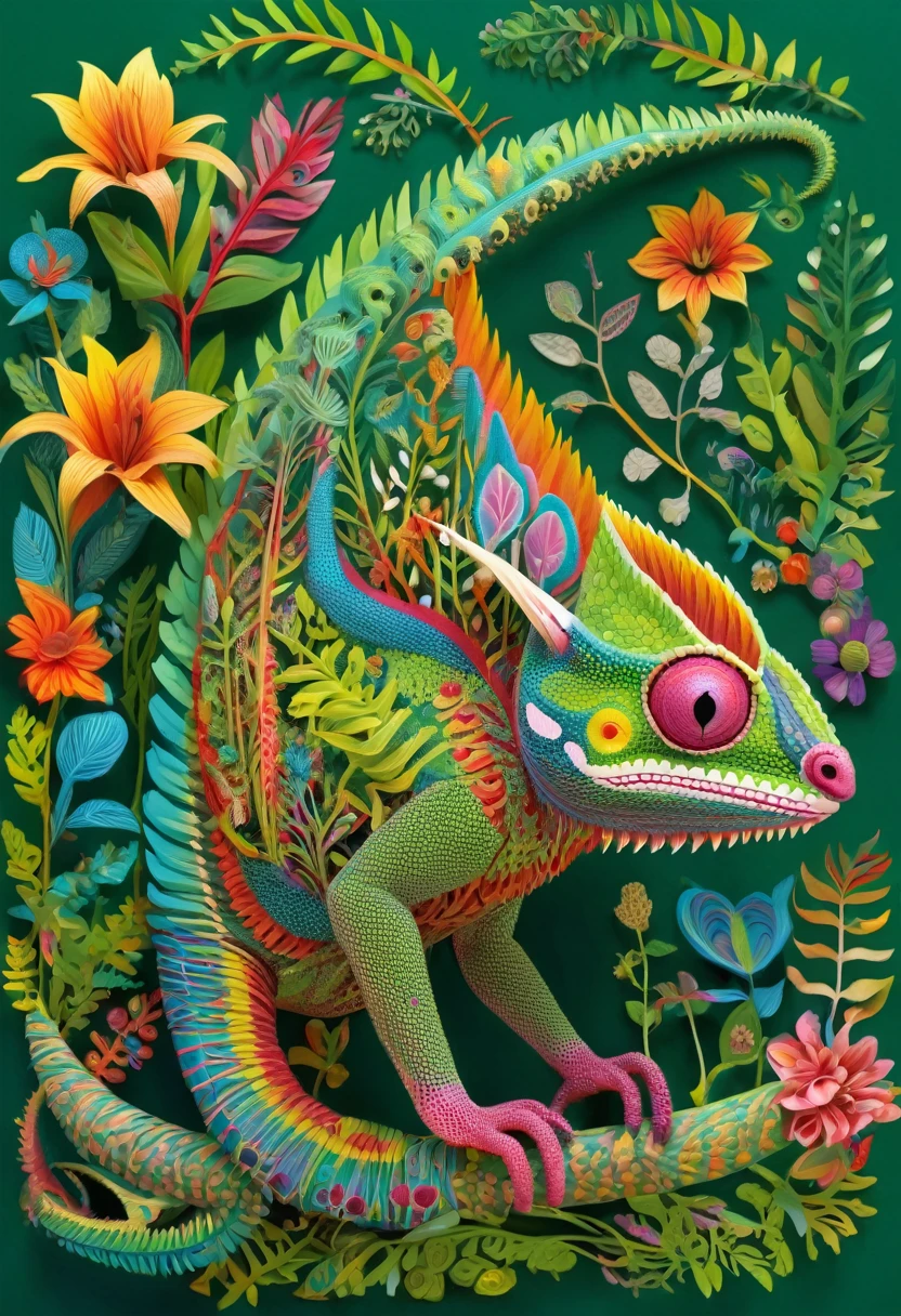 Future genetic engineering will incorporate living organisms into works of art., Covered by animals, flora. Alebrije, masterpiece, Hyper HD, Axonometric diagram, jungle. chameleon