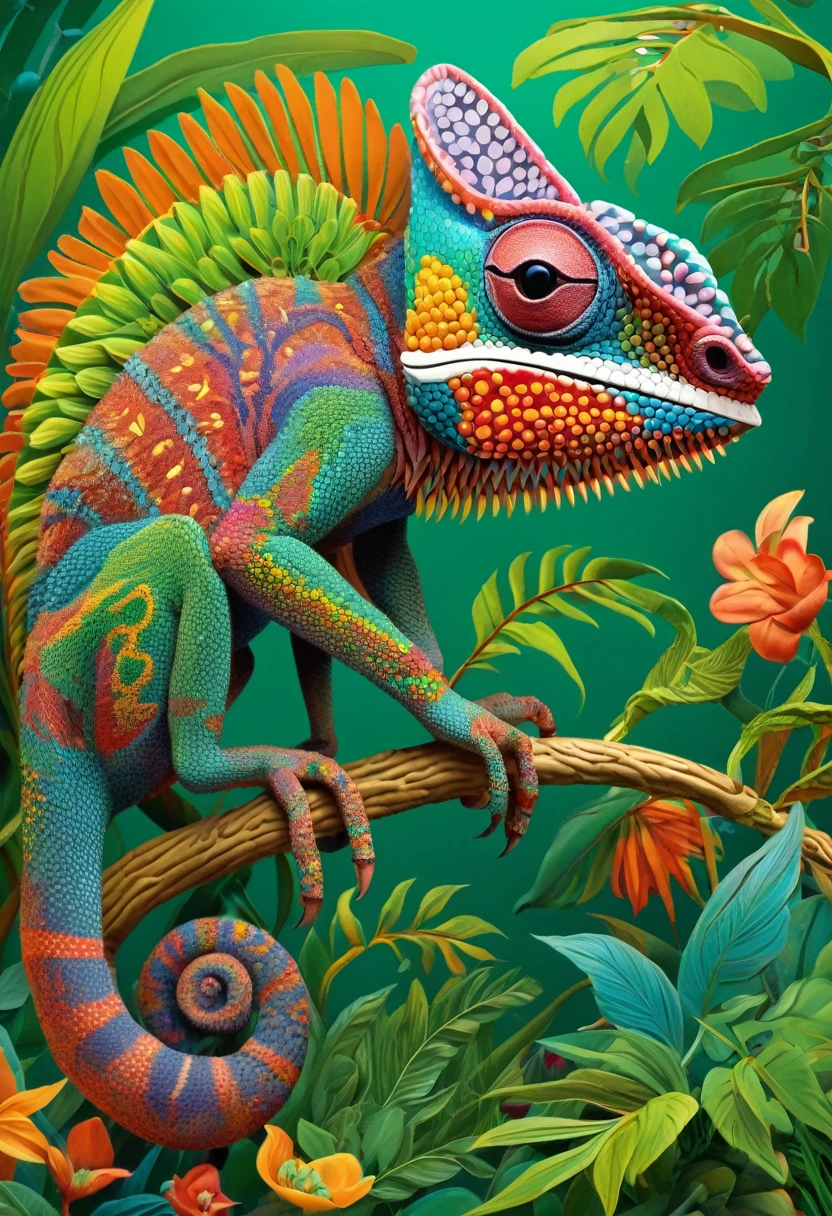 Future genetic engineering will incorporate living organisms into works of art., Covered by animals, flora. Alebrije, masterpiece, Hyper HD, Axonometric diagram, jungle. chameleon