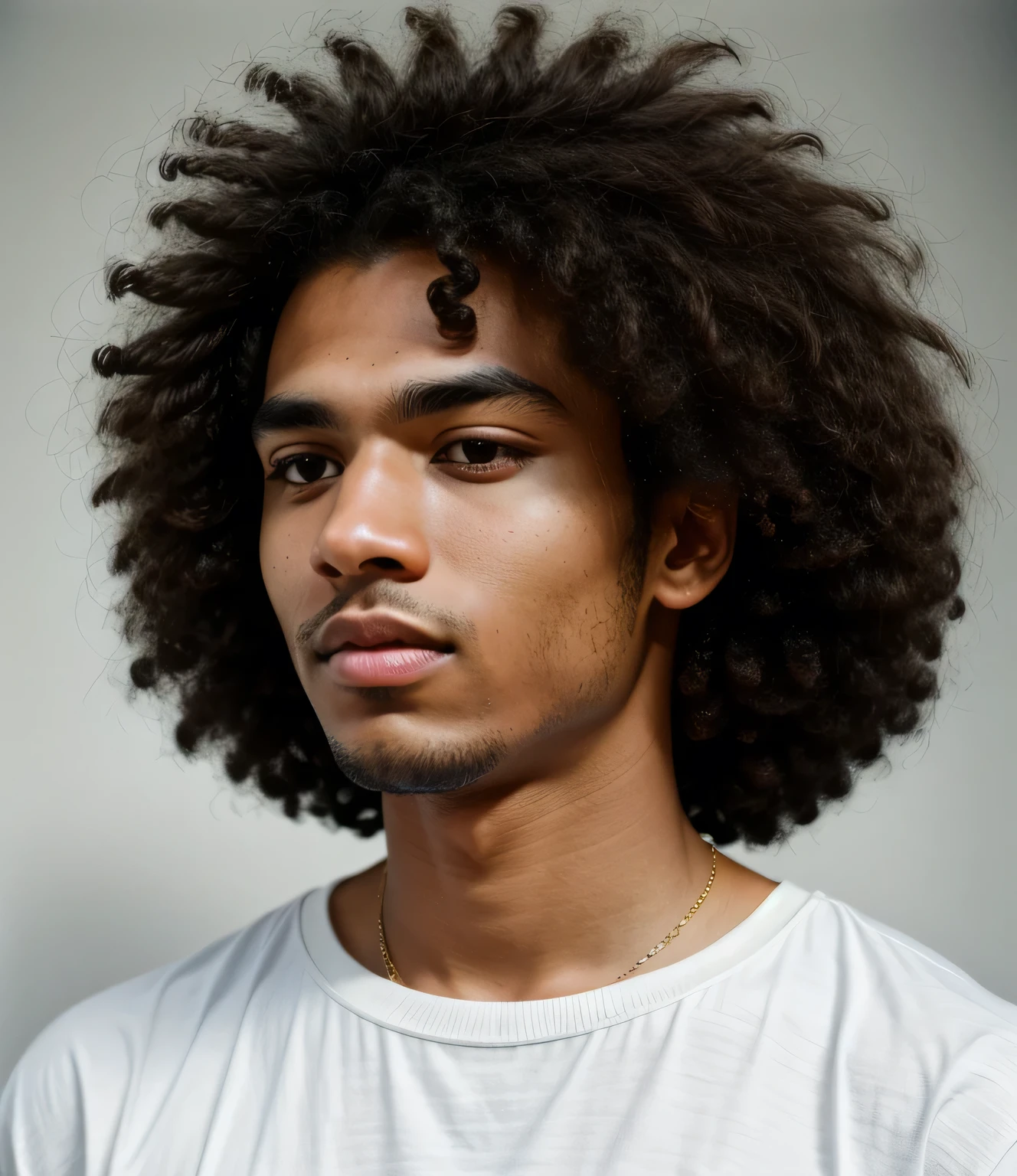 ultra-high-resolution 8K, best quality, (photo realistic:1.4), fashion model, american, man, 20years old, medium brown skin, square face, black and small eyes, stern eyes, thick and straight eyebrows, snub nose, plump lips, fair skin with detailed and realistic skin texture, afro-textured hair, medium hair, single eyelid, closed mouth, wearing white no-sleeve top, exuding the vibe of a fashion model with a neutral, serious expression, from side, upper body, detailed hair, hollow cheeks, epiC35mm