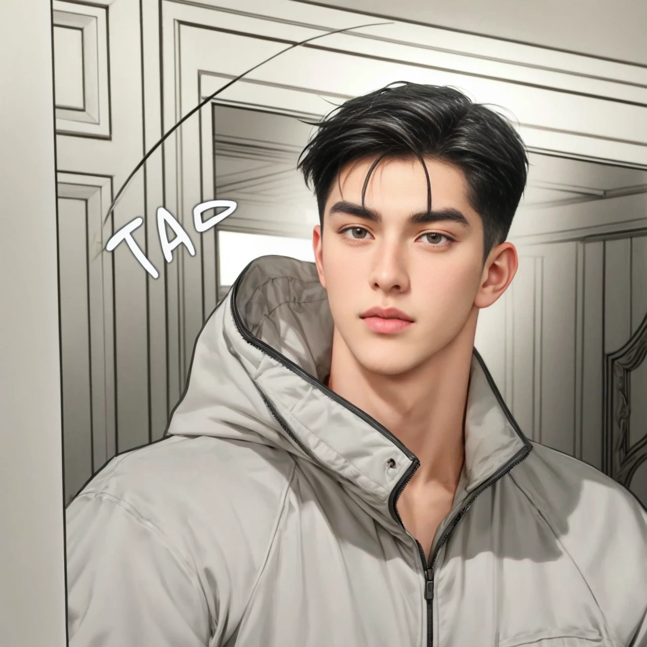 masterpiece, 1boy, adult, handsome, black hair, undercut hair, perfect face, detailed eyes and face, black eyes, clean shaved, muscular, capturing a rural atmosphere, dynamic lighting, unreal engine 5, jacket