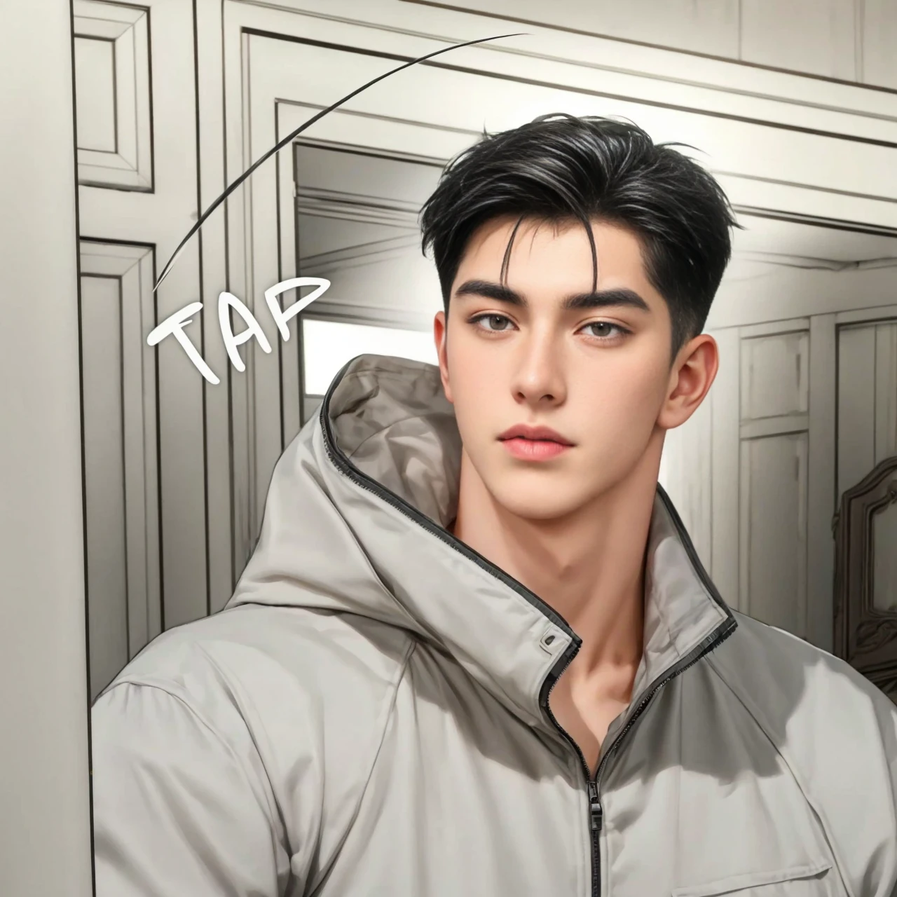 masterpiece, 1boy, adult, handsome, black hair, undercut hair, perfect face, detailed eyes and face, black eyes, clean shaved, muscular, capturing a rural atmosphere, dynamic lighting, unreal engine 5, jacket
