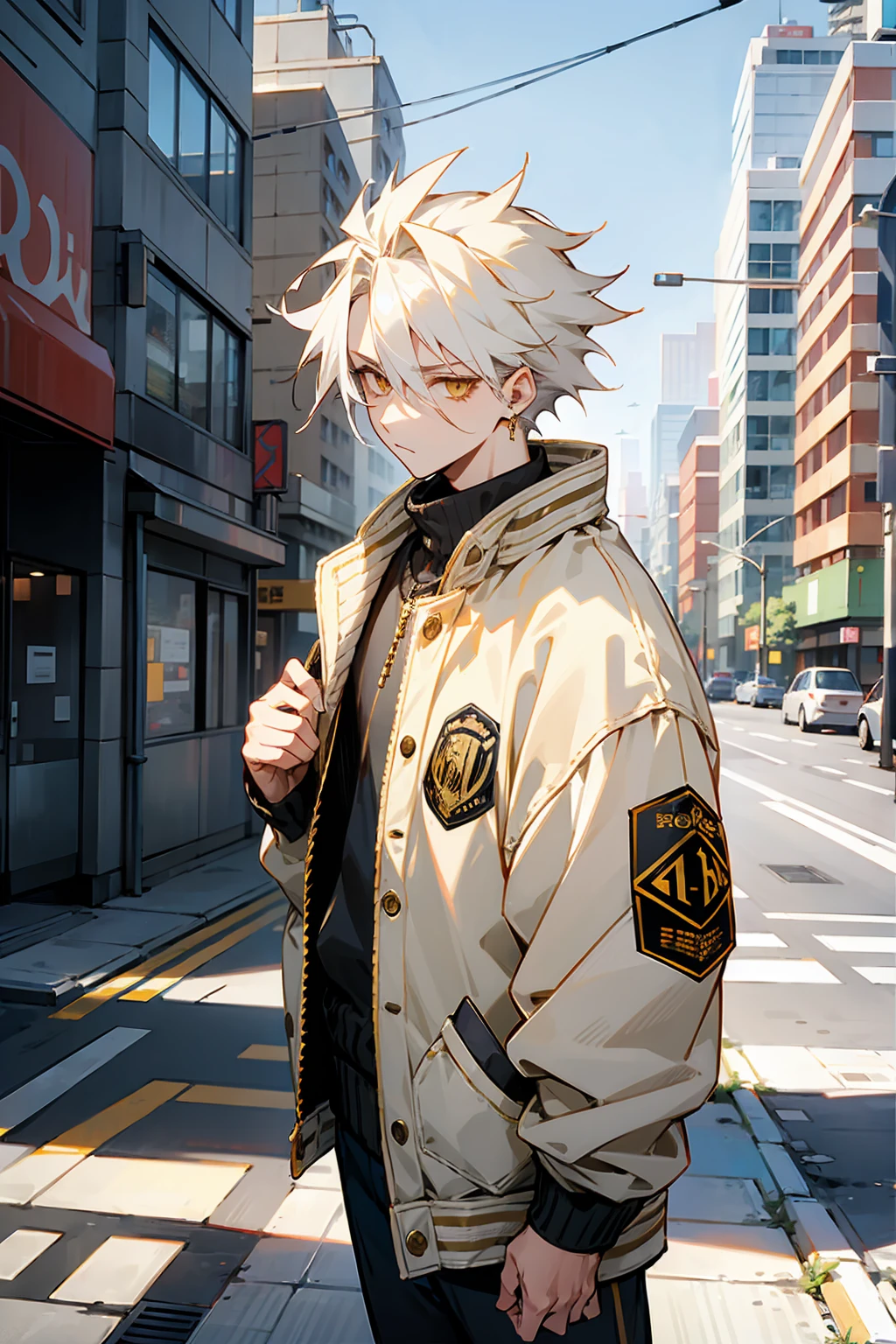 1male , White Hair , Gold Eyes , Modern undercut Messy Hair , Baggy Letterman Jacket , Standing on sidewalk , Modern City Background , Perfect Generation