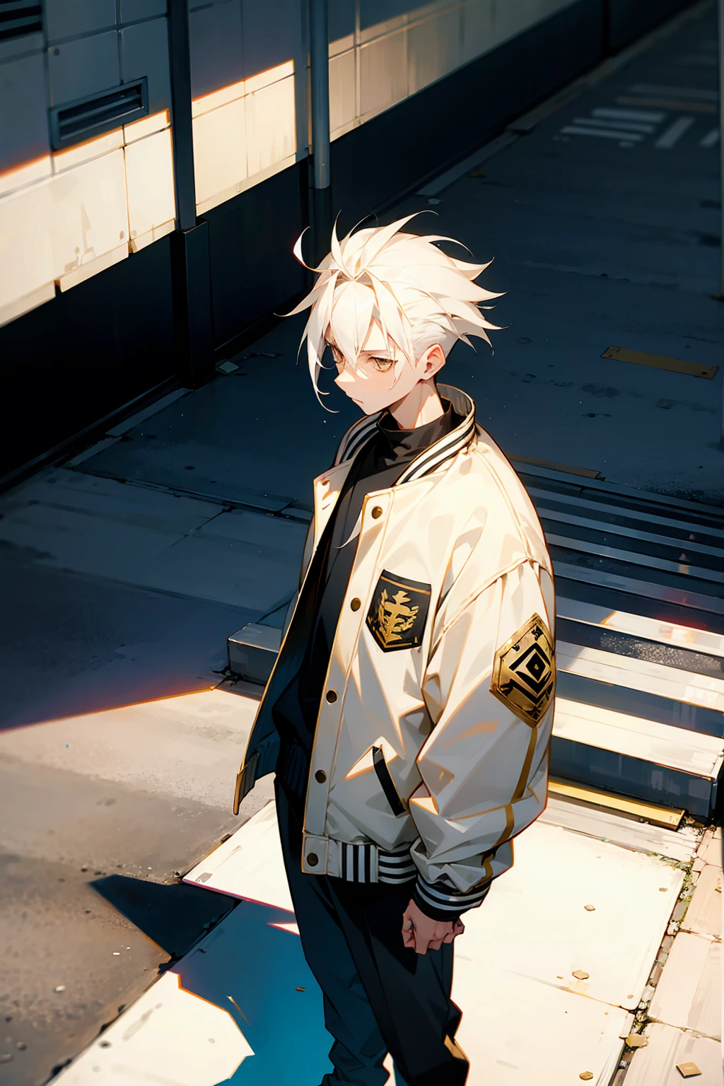 1male , White Hair , Gold Eyes , Modern undercut Messy Hair , Baggy Letterman Jacket , Standing on sidewalk , Modern City Background , Perfect Generation