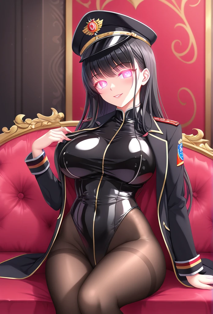 masterpiece, best quality, 1lady,black hair,long hair,glowing eyes, (finely detailed empty pupils and detailed face),,,,extremely detailed picture unity 8k wallpaper,solo,(latex military costume:0.9),large breasts,seductive smile,military hat,latex thighhigh,large breasts,black hair,pink eyes,black leotard,pantyhose,military coat,enamel suits,grossy lips,sitting,bust shot,sadistic smile,