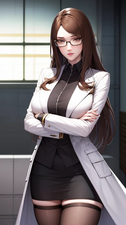 , 1woman, extremely detailed face and hair, long straight brown hair, brown eyes, wearing lab coat, short skirt, black stocking, wearing glasses, modern laboratory, natural lighting, highly detailed, 8k, octane render, cinematic lighting, photorealistic, professional photography, cool, poker face, Focus,crossed arms,