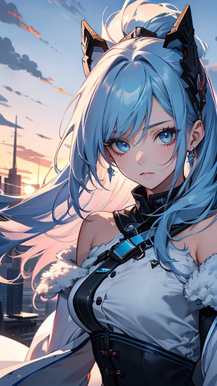 best quality, ultra-detailed, 4K, two characters, beautiful girl, 16 years old, long fluffy Sky-blue hair and eyes, ultra detailed beautiful eyes, wearing her as shown in the image.