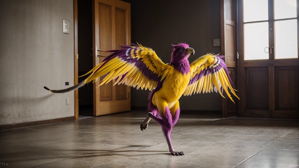 Strange surprising amazing unusual animal with a long tail and fluffy feathers. [yellow, plum, mango, lime, burgundy, purple,…] and grey tones --stop 80 --style raw --stylize 500