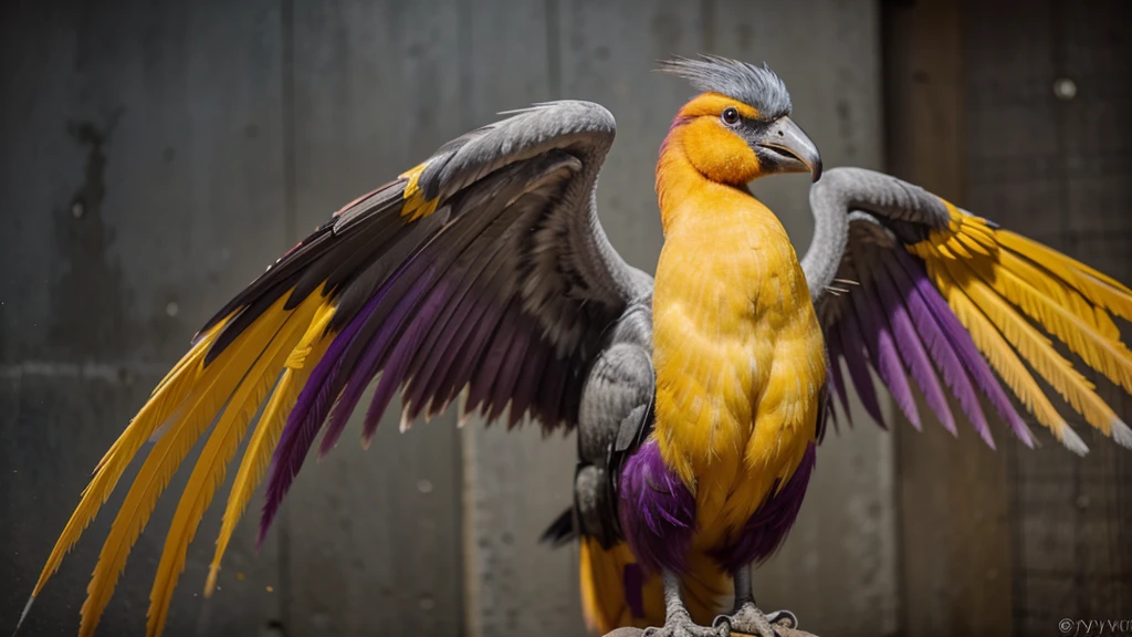 Strange surprising amazing unusual animal with a long tail and fluffy feathers. [yellow, plum, mango, lime, burgundy, purple,…] and grey tones --stop 80 --style raw --stylize 500
