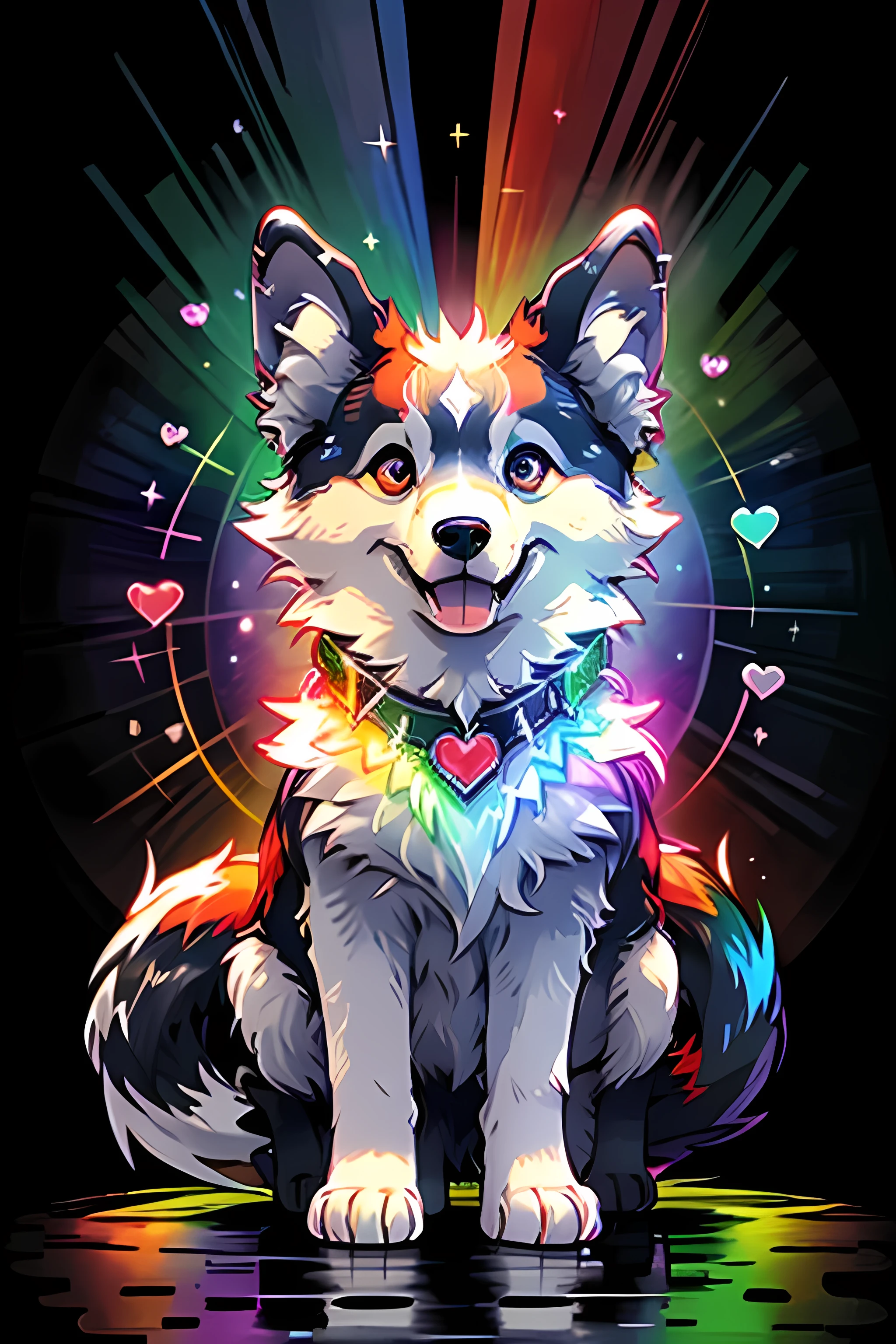 Rainbow Pride, Solitary, Smile, open mouth, Heart, Star (Symbolism), collar, No humans, spark, Fangs, look up, Wolf, Animal Focus, Bright Eyes,