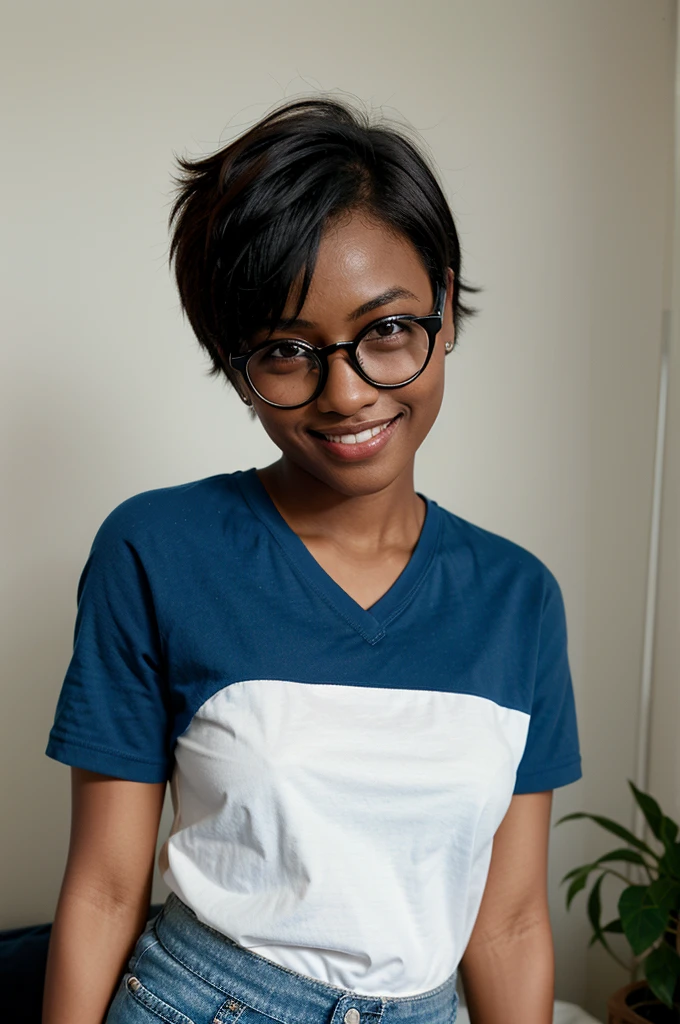 1 Girl, Round glasses, Big glasses, Smile, Looking at the camera, Messy short hair, Dark skin, Round eyes, Blue shirt, Black shorts, close up, Magazine Lens, Dynamic poses