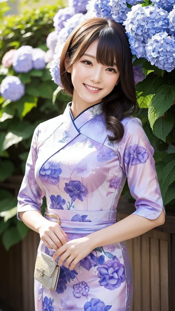 Japanese women　30 years old　Hydrangea patterned Chinese dress　smile　Wink