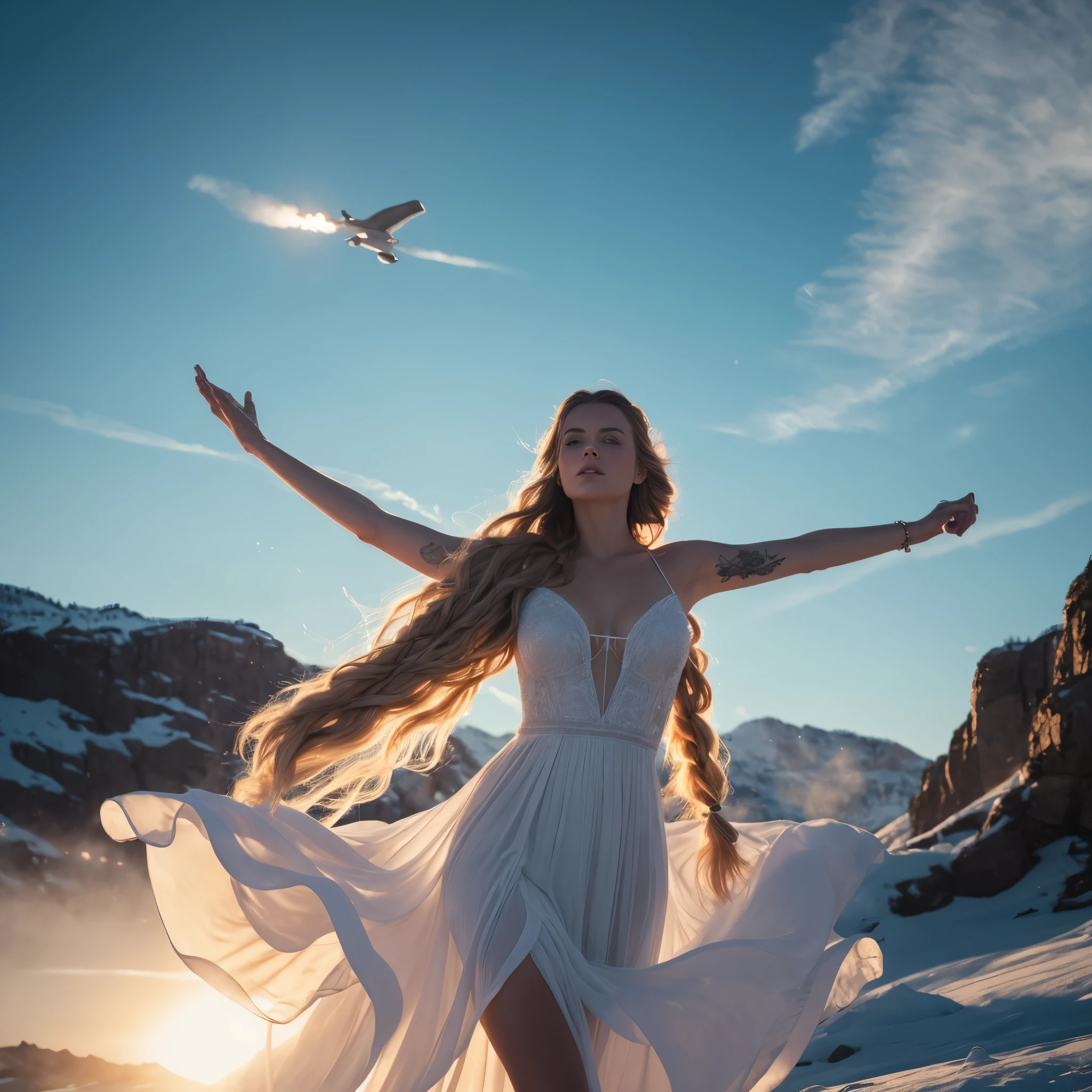 (Goddess Swedish Queen og Winter, very long red braided hair with clear blue eyes wearing large white dress is dancing pirouetting and flying in the sky, tattoos on body, outdoor), high details, photorealistic. Dancing in the rain. Leaping and jumping. [8K, Best Quality, Masterpiece, Ultra High Resolution, (highly detailed CG unity 8k wallpaper), (best photo), (best shadows), isometric 3D, octane rendering, ray tracing, highly detailed, (wide panoramic view: 1.1), (Best quality, 4K, 8k, A high resolution, masterpiece:1.2), absurdity, masterpiece, ultra detailed, (realistic, photorealistic, photorealistic:1.37), complex parts, HDR, (complex parts:1.12), (hyper detailed, hyper realistic, Soft lighting, spicy:1.2), (complex parts, Hyper detailed:1.15). Blurred foreground. (backlit), realistic, masterpiece, high quality, brightness, chromatic aberration, by Jeremy Lipking, 8k uhd, some smoke, shadows, contrast, clear sky, (warm hue, warm tone), high details, natural reflections].