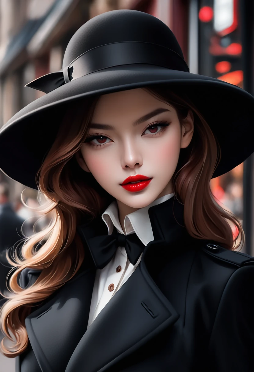 Magazine design，Fashion magazine cover，Black woolen trench coat，Round hat-wide brim，Pull the brim of your hat down to cover your eyes，Handsome，Elegant temperament，1 Girl，Big red lips