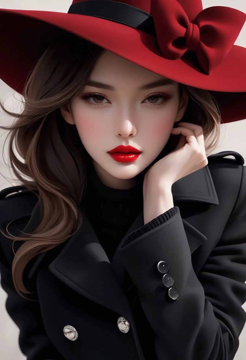 Magazine design，Fashion magazine cover，Black woolen trench coat，Round hat-wide brim，Pull the brim of your hat down to cover your eyes，Handsome，Elegant temperament，1 Girl，Big red lips