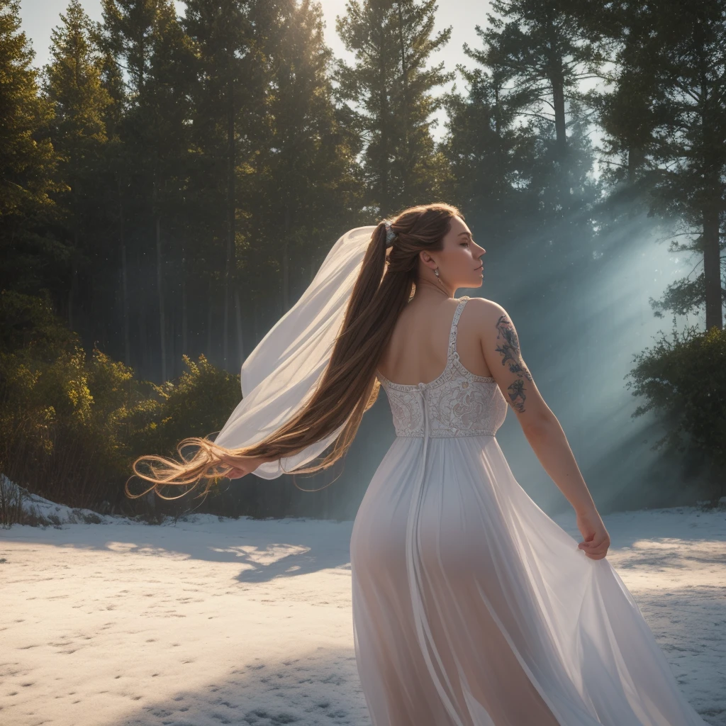 (Goddess Swedish Queen og Winter, very long red braided hair with clear blue eyes wearing large white dress is dancing pirouetting and flying in the sky, tattoos on body, outdoor), high details, photorealistic. Dancing in the rain. Leaping and jumping. [8K, Best Quality, Masterpiece, Ultra High Resolution, (highly detailed CG unity 8k wallpaper), (best photo), (best shadows), isometric 3D, octane rendering, ray tracing, highly detailed, (wide panoramic view: 1.1), (Best quality, 4K, 8k, A high resolution, masterpiece:1.2), absurdity, masterpiece, ultra detailed, (realistic, photorealistic, photorealistic:1.37), complex parts, HDR, (complex parts:1.12), (hyper detailed, hyper realistic, Soft lighting, spicy:1.2), (complex parts, Hyper detailed:1.15). Blurred foreground. (backlit), realistic, masterpiece, high quality, brightness, chromatic aberration, by Jeremy Lipking, 8k uhd, some smoke, shadows, contrast, clear sky, (warm hue, warm tone), high details, natural reflections].
