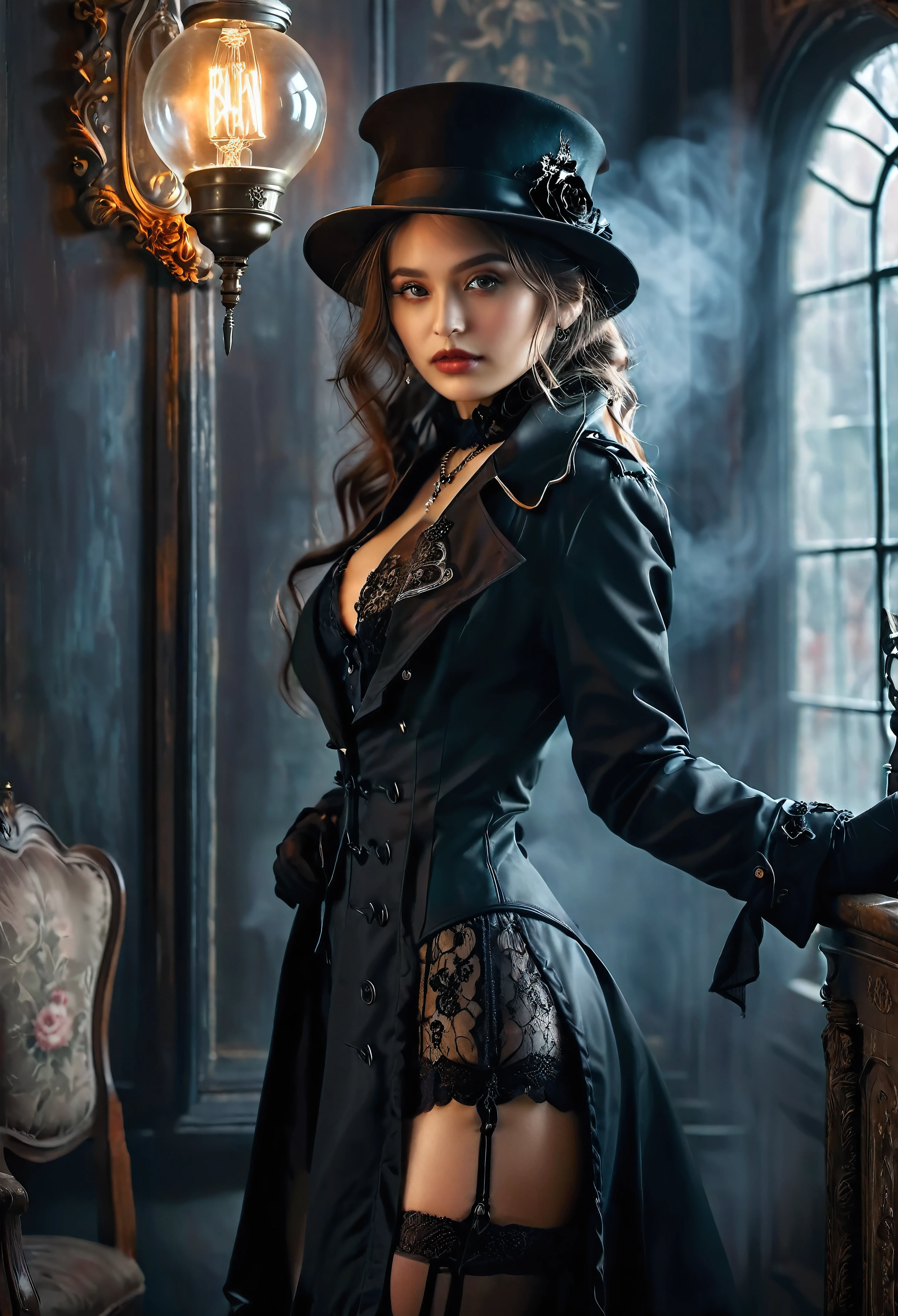 (Masterpiece in maximum 16K resolution:1.6), (intricate detail:1.4), (extremely insane detail:1.4),(highest quality:1.3),(Hyper_realistic:1.3). | ((Soft_color_tones):1.3), dark color palette, soft and diffused lighting. | A beautiful female with black trench coat and black fedora, intricate lingerie design, dark glowing ink, mysterious atmosphere, dramatic lighting, gothic architecture, hauntingly beautiful, red rose, silver jewelry, flowing beautul hair, ethereal mist, decorative light bulb, dim room, old-fashioned charm, Victorian aesthetics, an intricate exotic cloth design, beautiful female, intense gaze, moody atmosphere, eerie ambiance, elaborate fedora, had gloves, decorative light bulb, ornate details, dramatic poses, whispered secrets, enchantingly dark, shadowy corners, hauntingly romantic, gloomy elegance, macabre beauty, moonlit night, gothic romance. | (A pretty female):1.3), ((Black trench coat):1.3), ((Lingerie):1.3) | She is adopting a ((dynamic_pose as interacts, boldly moving a exciting way):1.3), ((perfect_pose)), ((perfect_pose):1.5), (((full body))), ((perfect_fingers, better_hands, perfect_hands, perfect_legs)), | Rendered in ultra-high definition with UHD and retina quality, this masterpiece ensures anatomical correctness and textured skin with super detail. With a focus on high quality and accuracy, this award-winning portrayal captures every nuance in stunning 16k resolution, immersing viewers in its lifelike depiction. | ((perfect_composition, perfect_design, perfect_layout, perfect_detail, ultra_detailed)), ((enhance_all, fix_everything)), More Detail, Enhance.