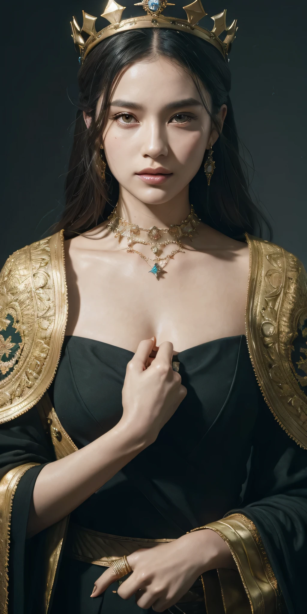 modelshoot style, (extremely detailed CG unity 8k wallpaper), full shot body photo of the most beautiful artwork in the world, medieval queen, green vale, dark skin, black woman, golden crown, diamonds, medieval architecture, professional majestic oil painting by Ed Blinkey, Atey Ghailan, Studio Ghibli, by Jeremy Mann, Greg Manchess, Antonio Moro, trending on ArtStation, trending on CGSociety, Intricate, High Detail, Sharp focus, dramatic, photorealistic painting art by midjourney and greg rutkowski