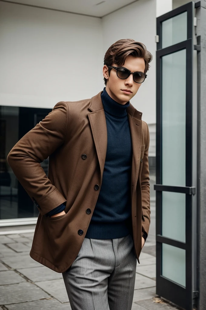 A boy with stylish +decent outfits and looking intelligent like spy