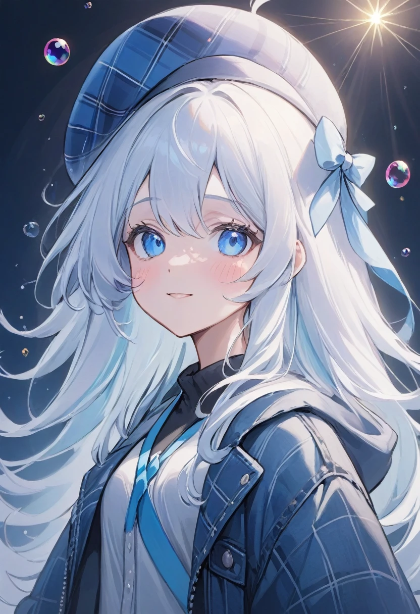 furina,1girl, blue eyes, solo, hat, long hair, looking at viewer, smile, blue hair, bangs, bubble, hair between eyes, white hair, , closed mouth, multicolored hair, air bubble, light rays, ribbon, virtual youtuber, gem(best quality), Instead of furina's default outfit, she's wearing a plaid jacket and jeans, Otaku