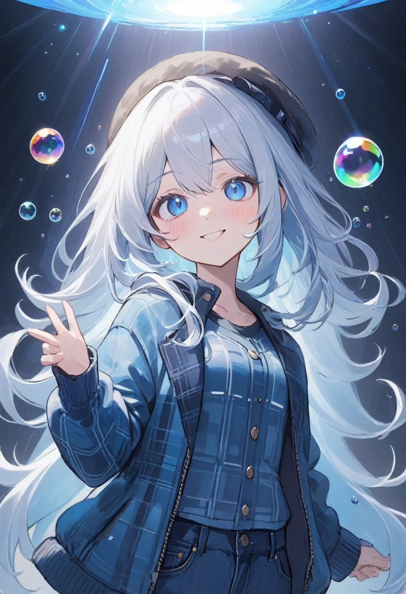 furina,1girl, blue eyes, solo, hat, long hair, looking at viewer, smile, blue hair, bangs, bubble, hair between eyes, white hair, , closed mouth, multicolored hair, air bubble, light rays, ribbon, virtual youtuber, gem(best quality), Instead of furina's default outfit, she's wearing a plaid jacket and jeans, Otaku